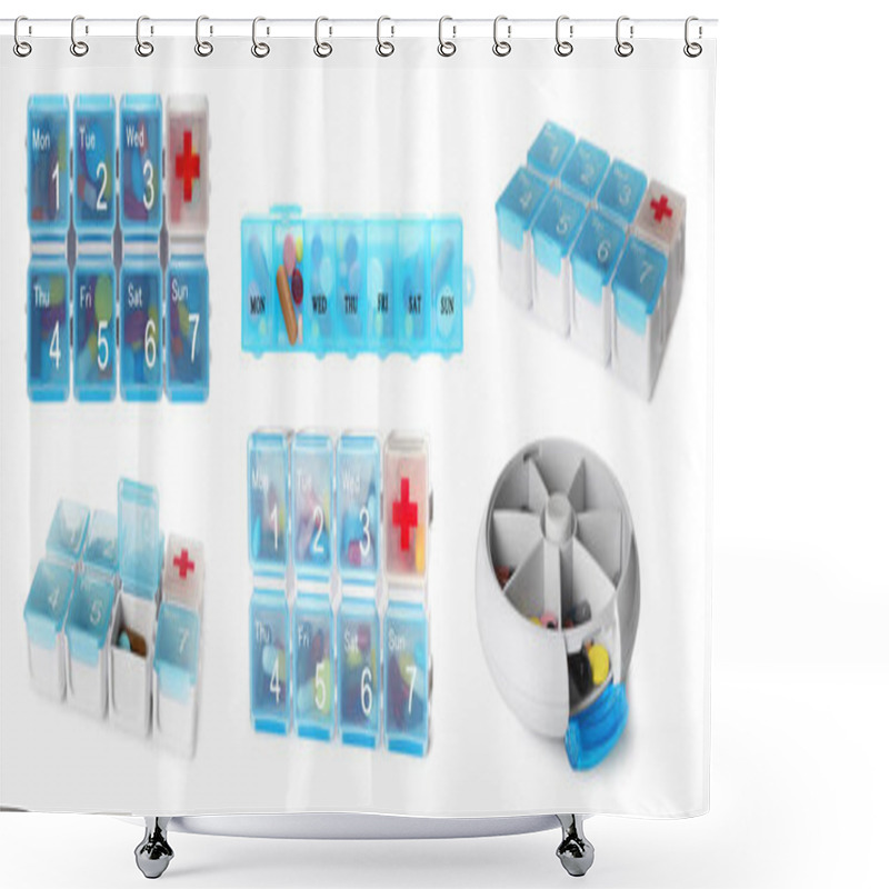 Personality  Set With Plastic Boxes For Pills On White Background. Banner Design Shower Curtains