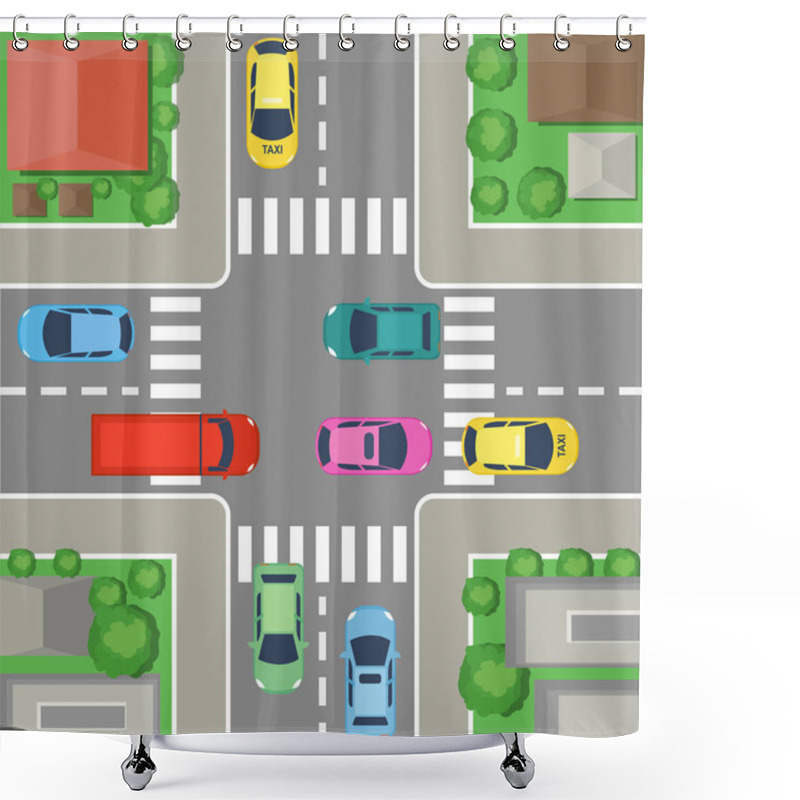 Personality  Vector Illustration Of Street Crossing In City. Street Top View With Cars And Roads, Houses And Trees. Crossroad Concept In Flat Cartoon Style. Shower Curtains