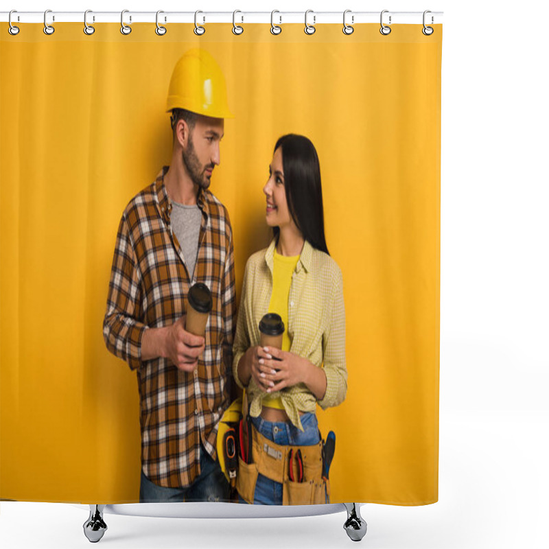 Personality  Smiling Manual Workers With Coffee To Go Looking At Each Other On Yellow      Shower Curtains