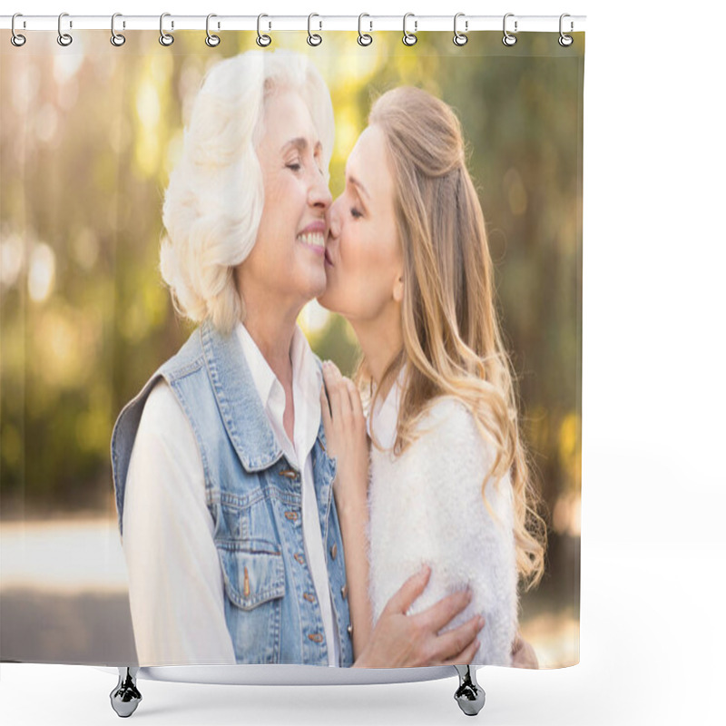 Personality  Involved Woman Kissing Elderly Mother In The Park Shower Curtains