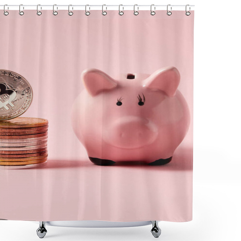 Personality  Close-up Shot Of Stack Of Bitcoins And Piggy Bank On Pink Tabletop Shower Curtains