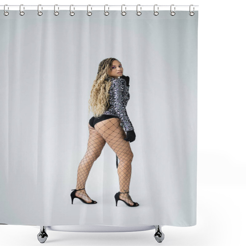 Personality  Full Length, Fashion, African American Woman Posing In Sexy Fishnet Tights And Loves, Party Outfit Shower Curtains