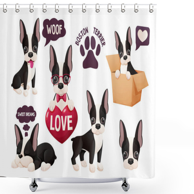 Personality  Set Cute Boston Terrier Stickers, Cool Sweet Puppy In Cartoon Style Isolated On White Background. Cute Dog, Print Design. Vector Illustration Shower Curtains