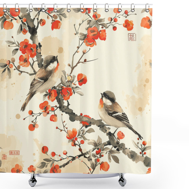 Personality  Natures Serenity In Painterly Detail, Featuring Subdued Tones, Birds, Trees, Vector Graphics Shower Curtains