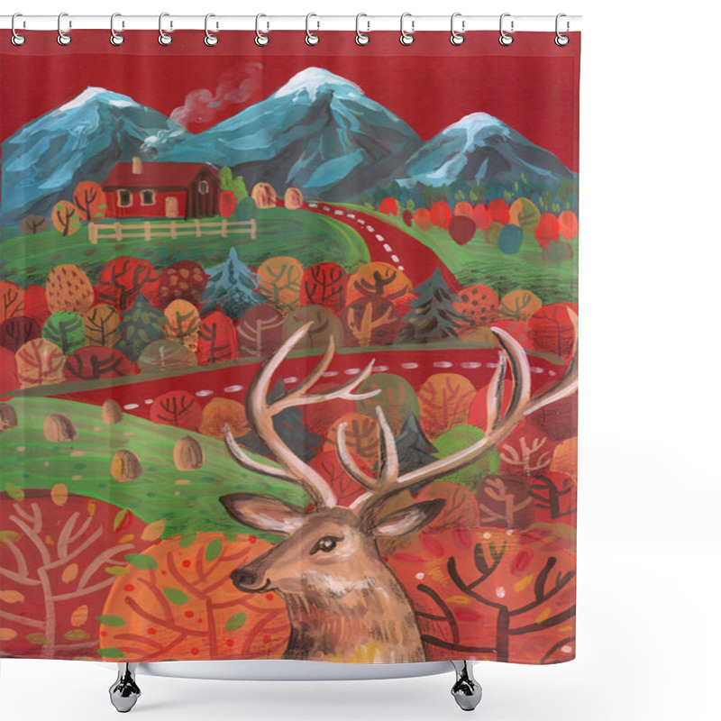 Personality  Hand Drawn Gouache Illustration Autumn Landscape With Road, Moun Shower Curtains