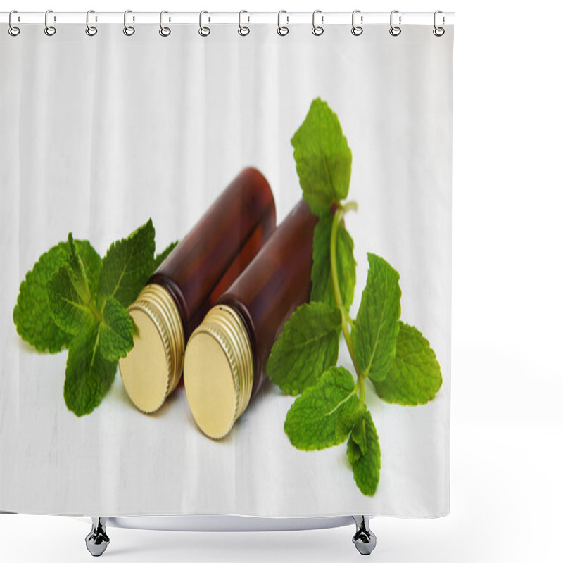 Personality  Bottles Of Mint Oil And Fresh Mint Shower Curtains