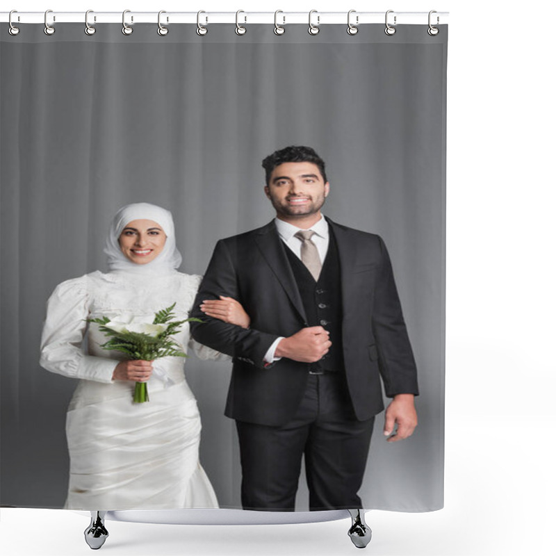 Personality  Portrait Of Happy Groom In Suit Standing Muslim Bride With Wedding Bouquet Of Calla Lily Flowers Isolated On Grey Shower Curtains