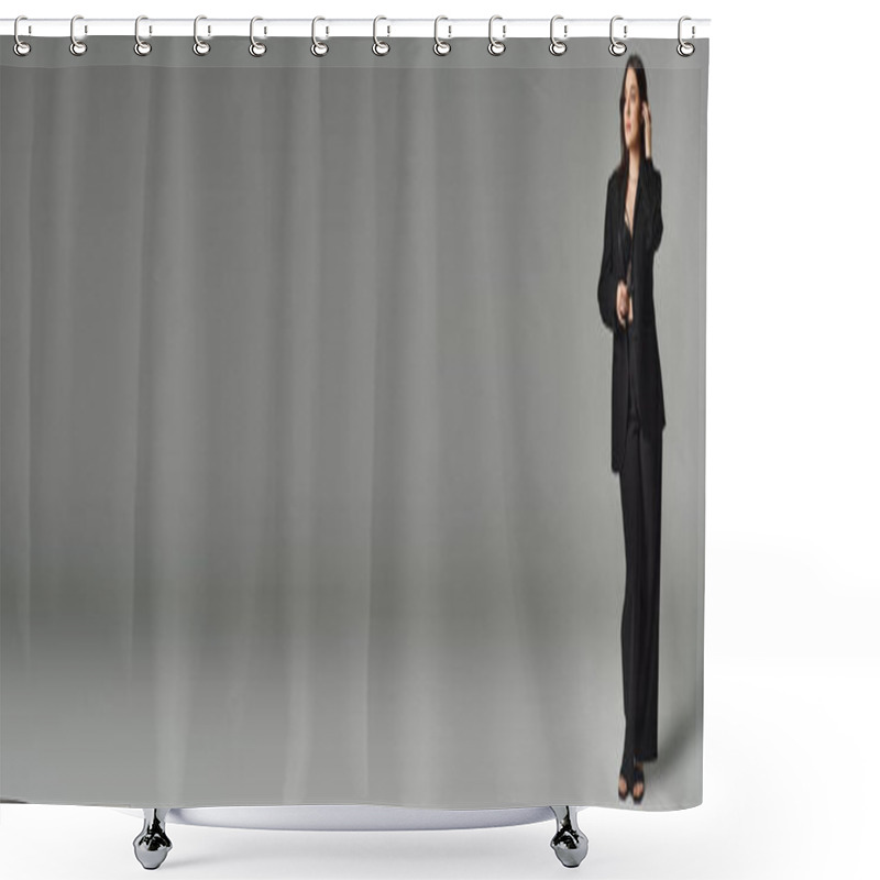 Personality  A Beautiful Plus Size Woman Standing Confidently In A Black Suit Against A Gray Backdrop, Exuding Elegance And Style. Shower Curtains