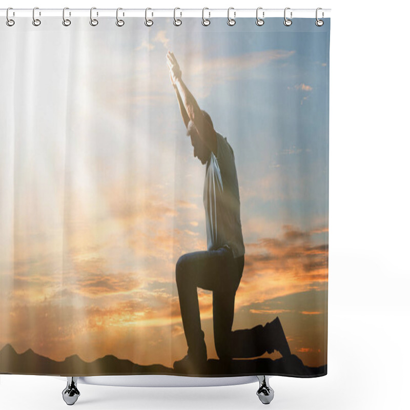 Personality  Side View Of A Man Kneeling And Praying Against Cloudy Sky At Sunset Shower Curtains