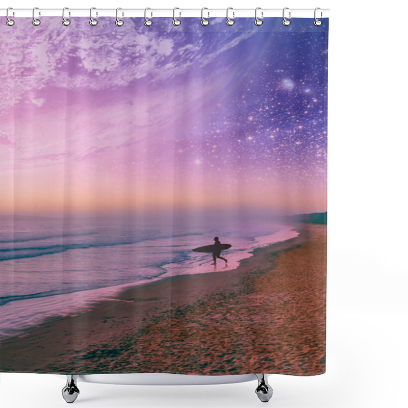 Personality  Vertical Book Cover Design Template. Fantasy Landscape Of Surfer Silhouette  Walking On The Beach Of Alien Planet. Elements Of This Image Furnished By NASA Shower Curtains