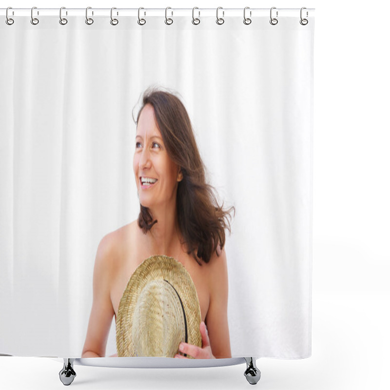 Personality  Smiling Woman Holding Hat Over Nude Body Shower Curtains