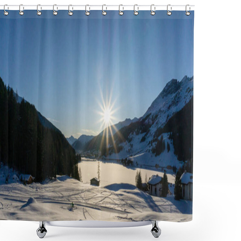 Personality  Winter Mountain Landscape And Frozen Lake At Sunset Shower Curtains