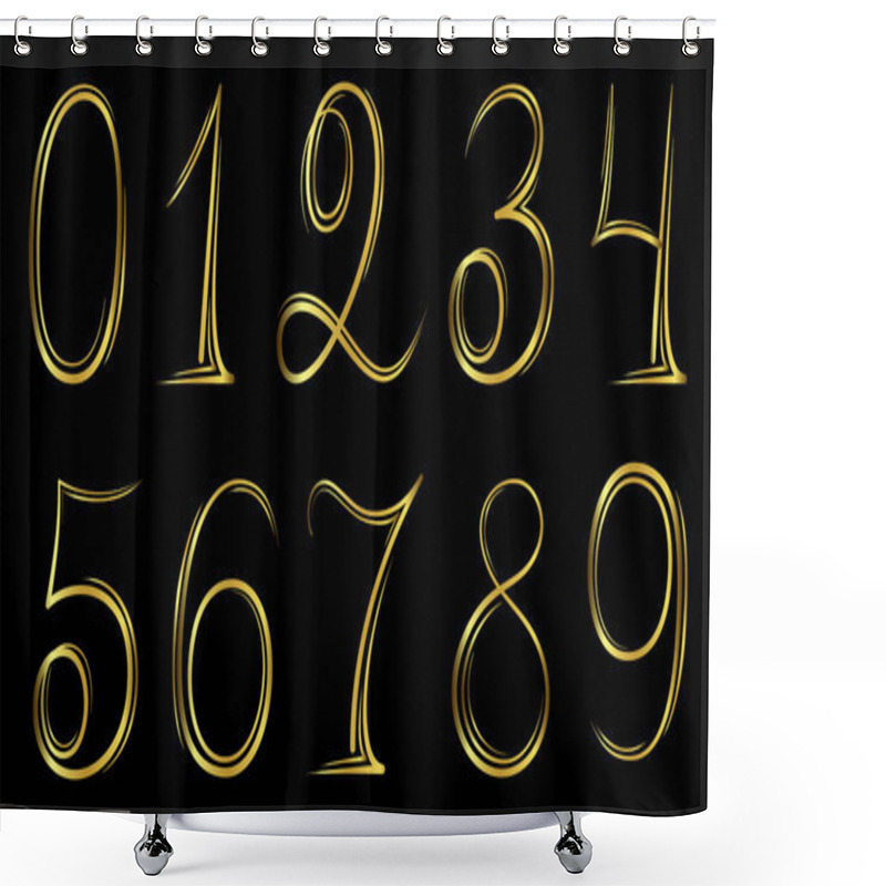 Personality  Numbers Set 0-9 In Hand Drawn Calligraphy Style In Gold On A Black Background. Vector Design Template Elements Shower Curtains