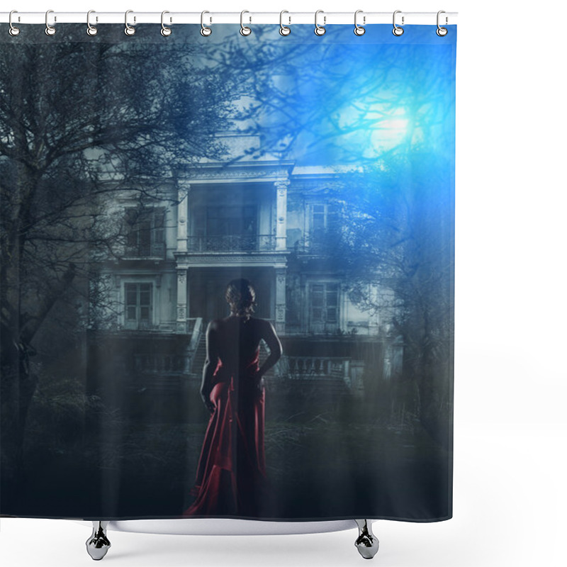 Personality  Woman In Red Dress At Haunted House Shower Curtains