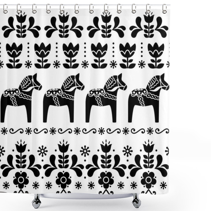 Personality    Swedish Dala Horse Pattern, Scandinavian Seamless Folk Art Design With Flowers Shower Curtains