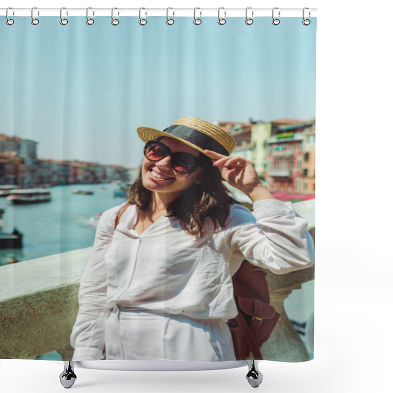 Personality  Woman Portrait In Sunny Summer Day Grand Canal Venice Italy On Background Copy Space Shower Curtains