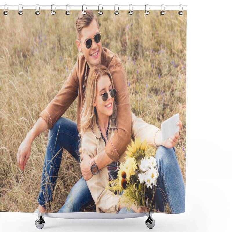 Personality  Attractive Woman With Bouquet And Handsome Man Smiling And Sitting Outside  Shower Curtains