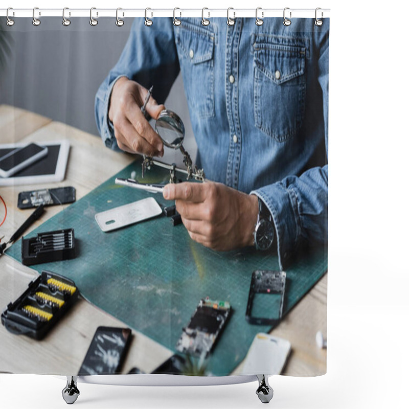 Personality  Cropped View Of Repairman Holding Disassembled Part Of Cellphone Near Magnifier At Workplace On Blurred Foreground Shower Curtains