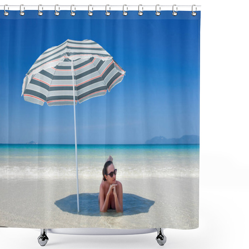 Personality  Woman Resting Under A Beach Umbrella. Shower Curtains