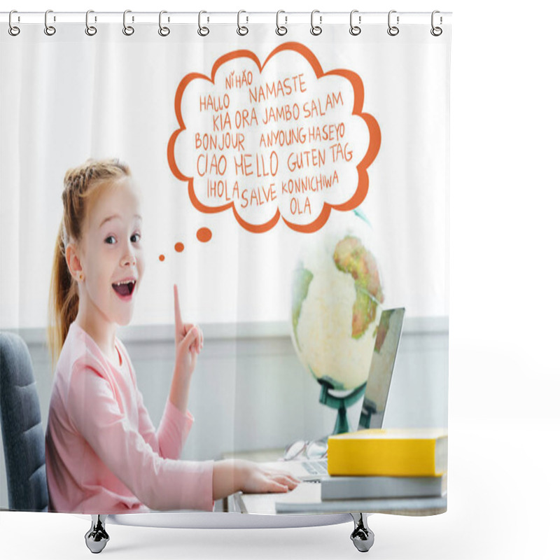 Personality  Redhead Schoolchild Studying With Books And Laptop And Pointing Up On Words On Different Languages In Speech Bubble  Shower Curtains