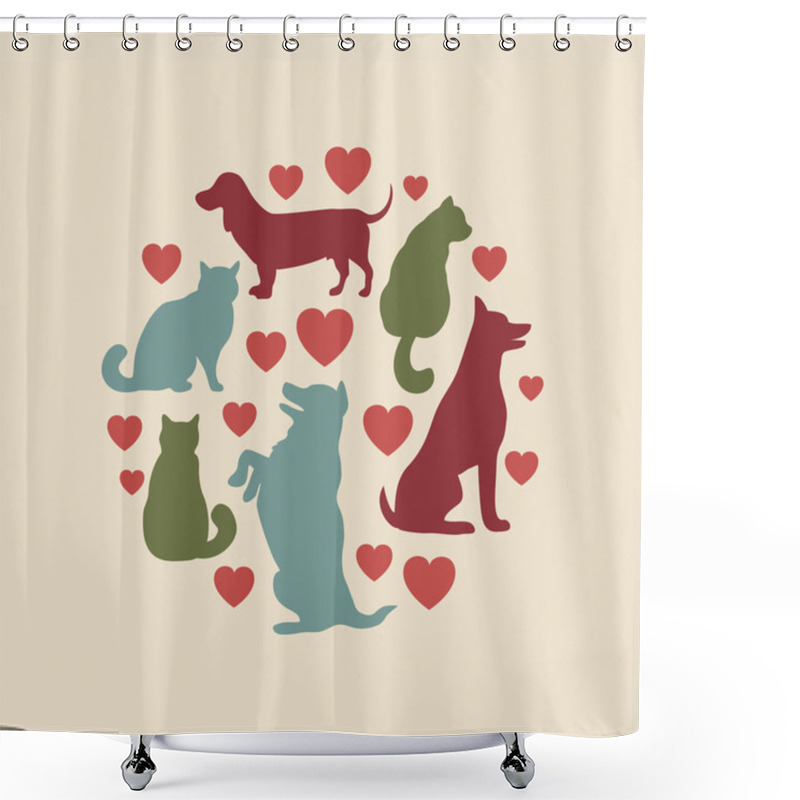 Personality  Cats And Dogs Vector Silhouette Round Composition Shower Curtains