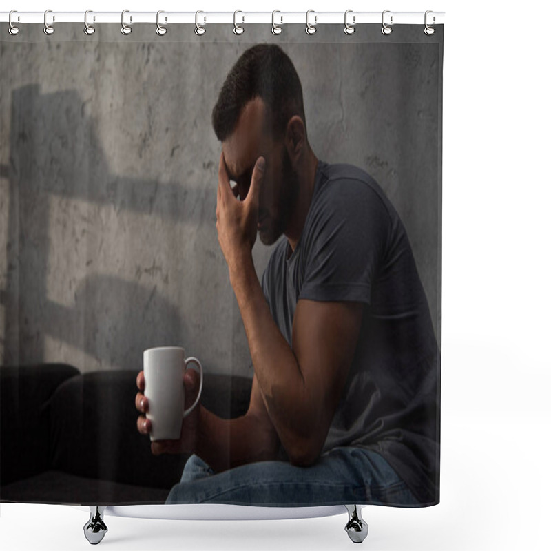 Personality  Lonely Crying Man Holding Cup Of Coffee Sitting At Home Shower Curtains