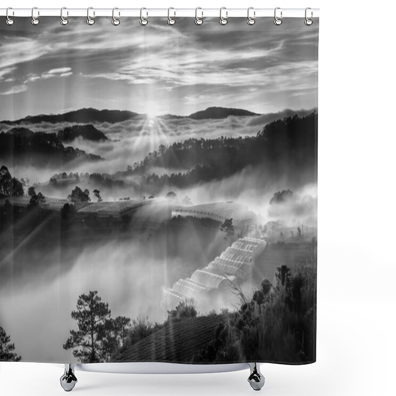 Personality  Sunrise Over Hillside As The Sun Rising From Horizon Reflect Light Bright Yellow Sky. Below Cloudy Mist Covered Valleys Flooded Pine Forests Create Impressive Beauty Highlands In Morning. Shower Curtains