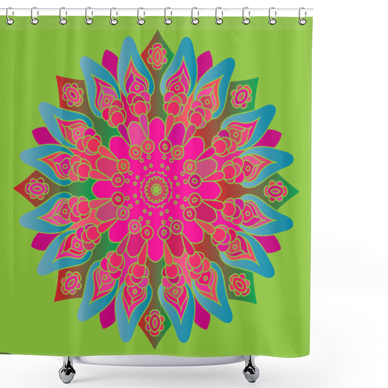 Personality  Bright Pink And Blue Mandala On The Green Background. Isolated Round Element. Vector Illustration. Shower Curtains