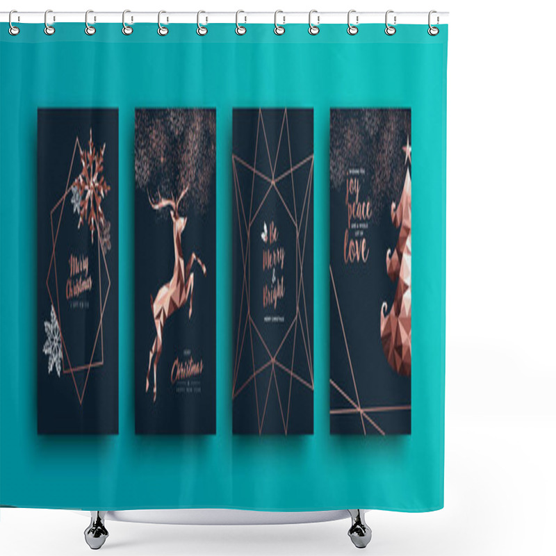 Personality  Merry Christmas Pink Copper Template Set With Holiday Reindeer And Xmas Bronze Elements In Low Poly Style. Ideal For Greeting Card, Poster Or Web Design. Shower Curtains