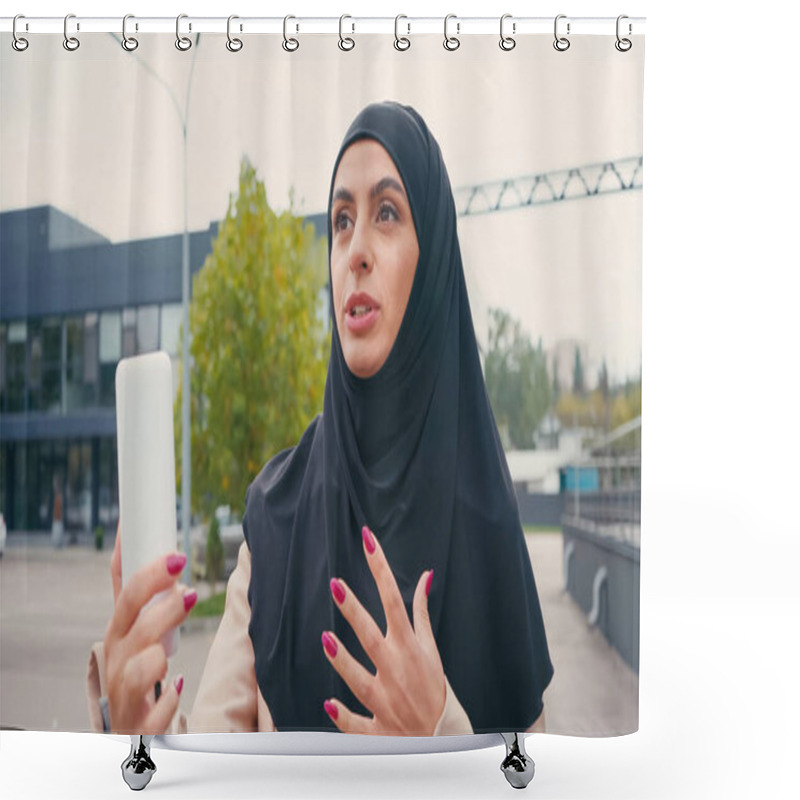 Personality  Young Muslim Woman In Hijab Gesturing While Having Video Call On Urban Street  Shower Curtains