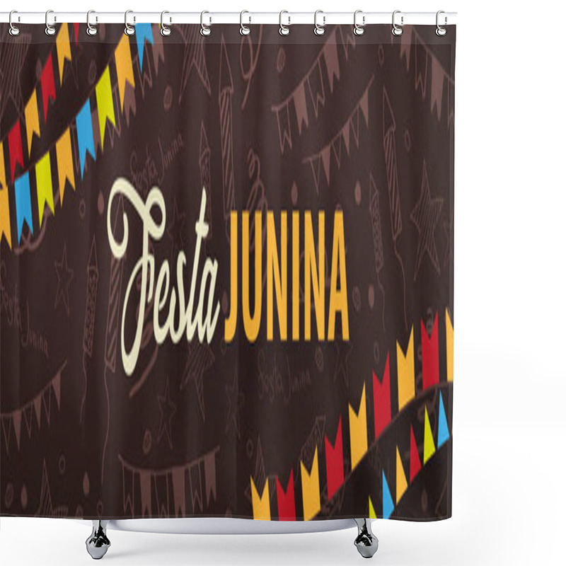 Personality  Festa Junina Background With Hand Draw Doodle Elements And Party Flags. Brazil Or Latin American Holiday. Vector Illustration. Shower Curtains