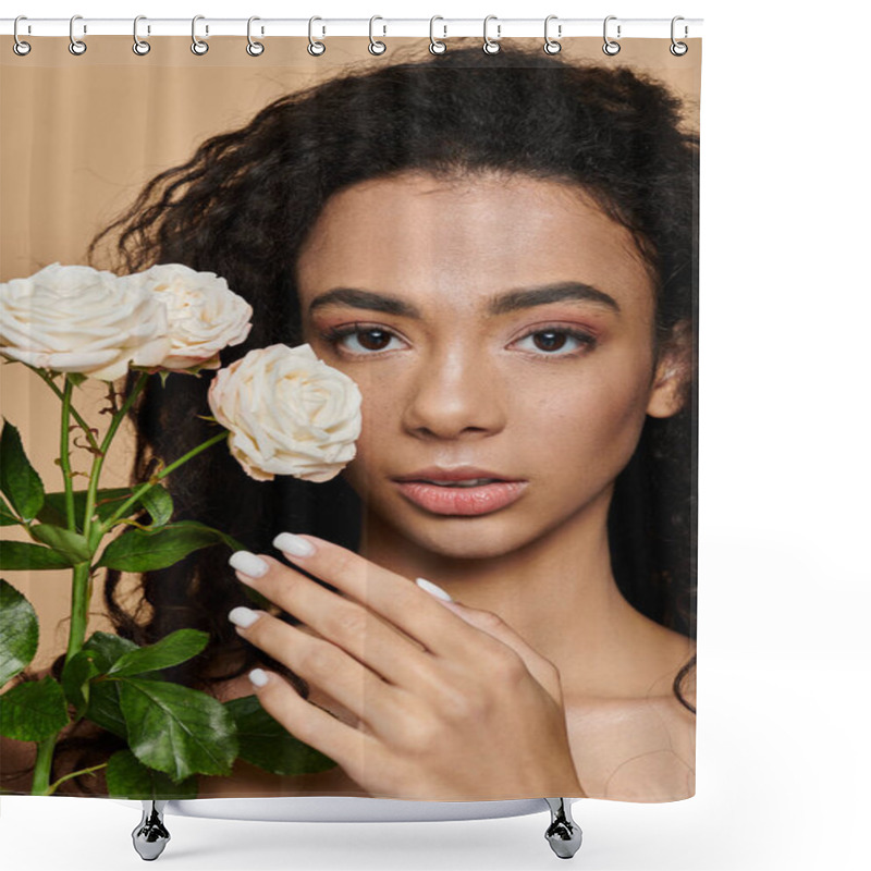 Personality  A Young Woman With Natural Beauty And Bare Shoulders Holds A White Rose Near Her Face, Her Eyes Gazing Softly. Shower Curtains