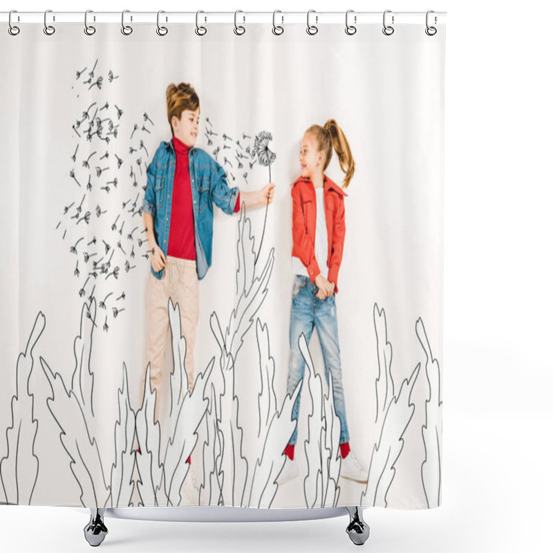 Personality  Top View Of Happy Kid Gesturing Near Friend And Dandelion Seeds On White  Shower Curtains