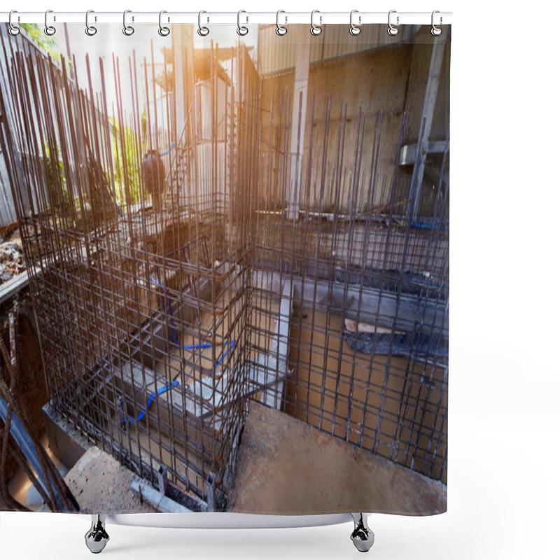 Personality  A Construction Site Displaying A Reinforced Concrete Foundation With Steel Rebar. Shower Curtains