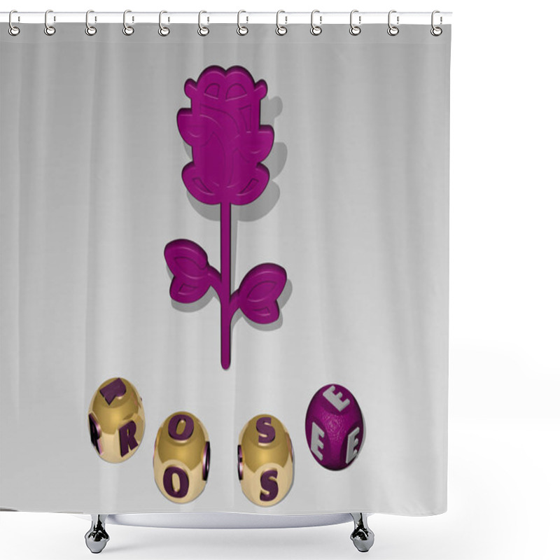 Personality  3D Representation Of Rose With Icon On The Wall And Text Arranged By Metallic Cubic Letters On A Mirror Floor For Concept Meaning And Slideshow Presentation. Background And Illustration Shower Curtains