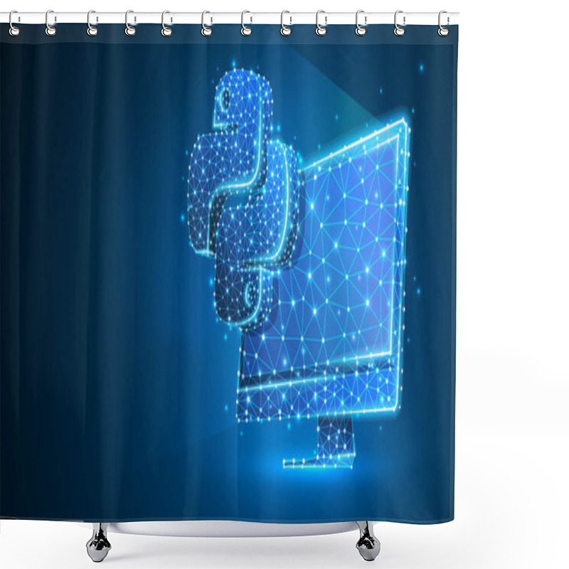 Personality  Python Coding Language Sign On Computer Monitor. Device, Programming, Developing Concept. Abstract, Digital, Wireframe, Low Poly Mesh, Vector Blue Neon 3d Illustration. Triangle, Line, Dot, Star Shower Curtains