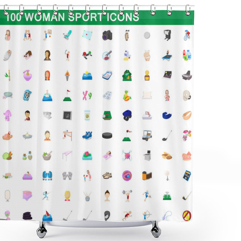 Personality  100 Woman Sport Icons Set, Cartoon Style Shower Curtains