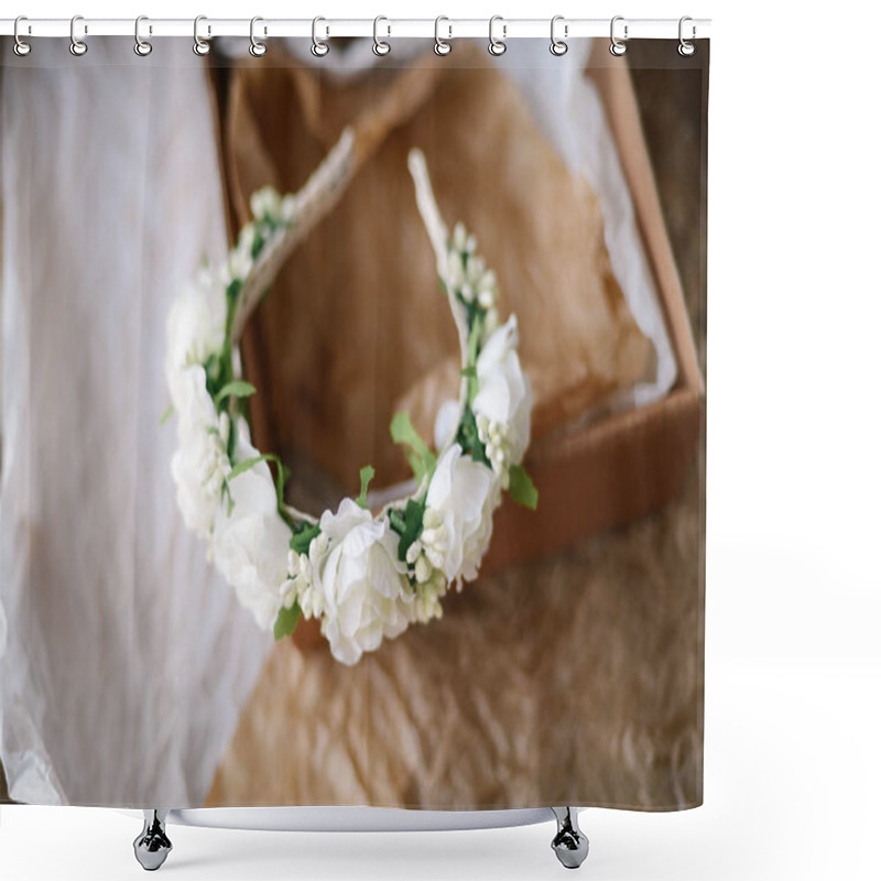 Personality  Handmade Floral Tiara Made Of  Flowers Lie On  Wooden Background Shower Curtains