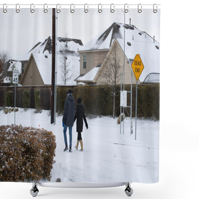 Personality  Mckinney, TX USA - February 17, 2021: Street View Of Texan Walking On The Road After Snowstorm Shower Curtains