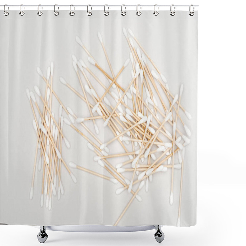 Personality  Top View Of Scattered Cotton Swabs On Grey Background Shower Curtains