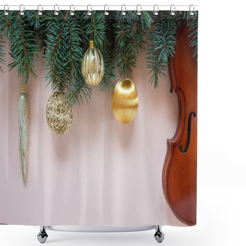 Personality  Old Violin And Fir-tree Branches With Christmas Decor. Christmas, New Year's Concept. Top View, Close-up On Pastel Color Background	 Shower Curtains