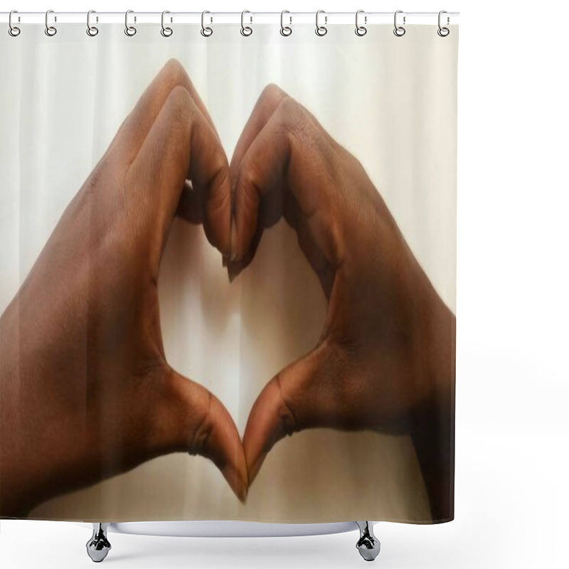 Personality  Africa Lady's Hands Forming A Love Heart Shape On White. Shadows. Black. Brown Color. Love Concept. Shower Curtains