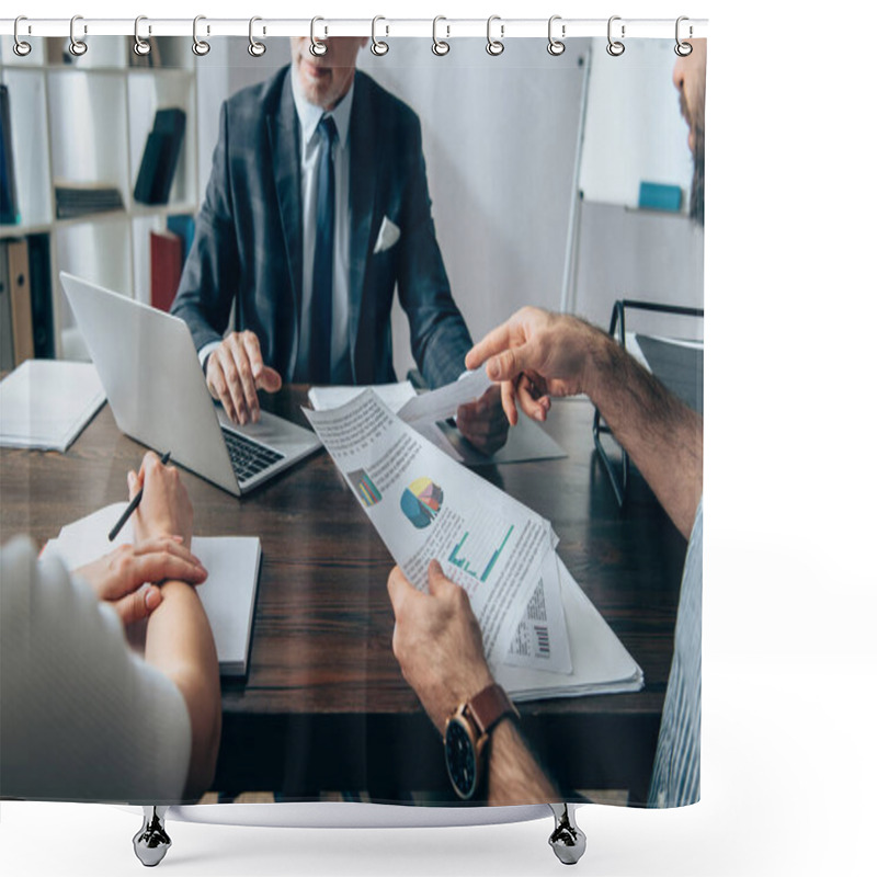 Personality  Cropped View Of Businessman Pointing At Papers With Charts Near Colleague With Notebook And Investor Using Laptop On Blurred Background  Shower Curtains