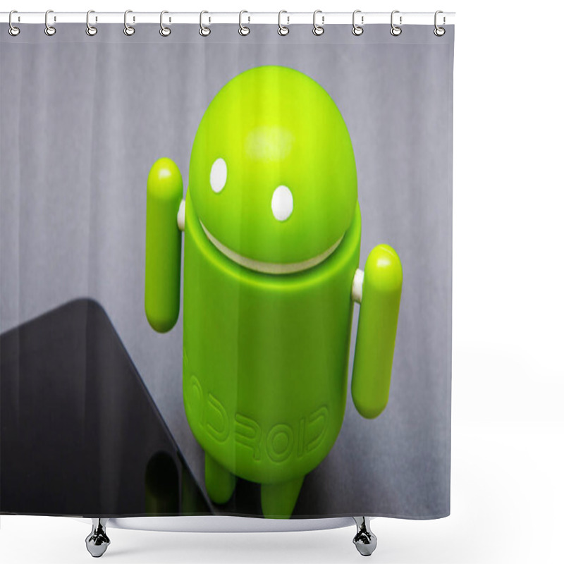 Personality  Android Figurine And Smartphone. Green Android Figurine Made Of Ecological Plastic On A Black Background. The Smartphone Lies Next To It In Close-up. Shower Curtains