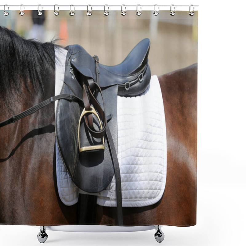 Personality  Closeup Of A Leather Saddle For Equestrian Sport On Horseback Shower Curtains