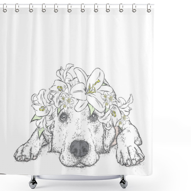 Personality  A Cute Puppy In A Wreath Of Lilies. Vector Illustration. Pedigree Dog. Labrador. Flower Wreath. Shower Curtains