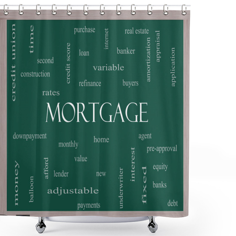 Personality  Mortgage Word Cloud Concept On A Blackboard Shower Curtains