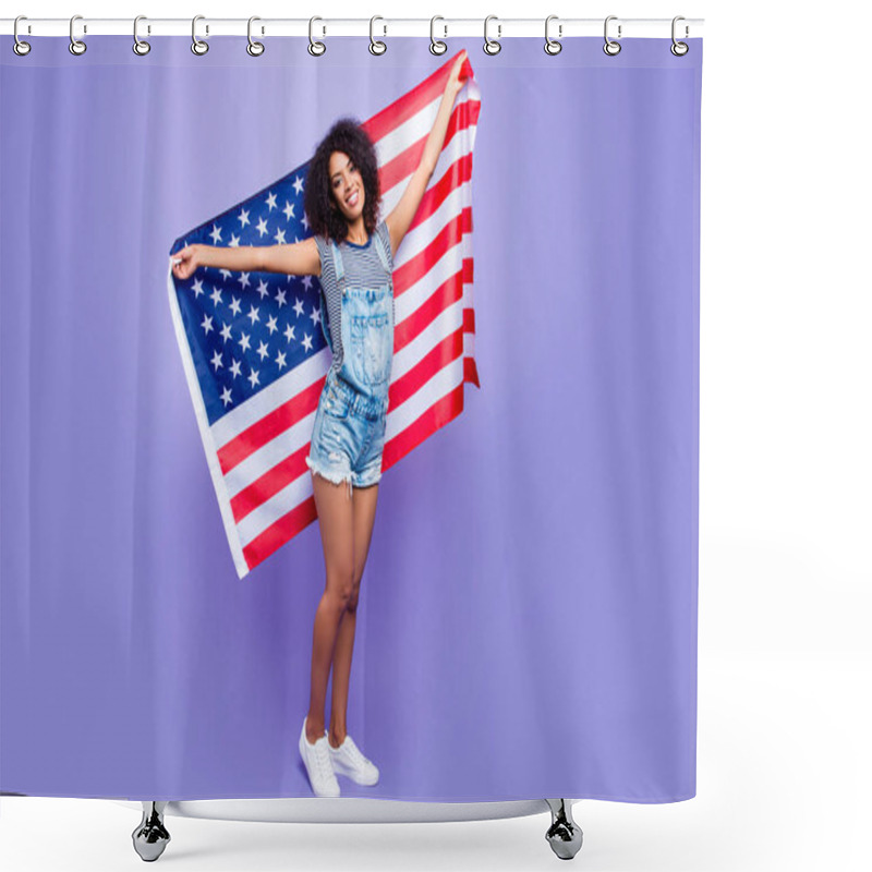 Personality  Full Body Portrait Of Stylish Trendy Girl In Jeans Jumpsuit Snea Shower Curtains