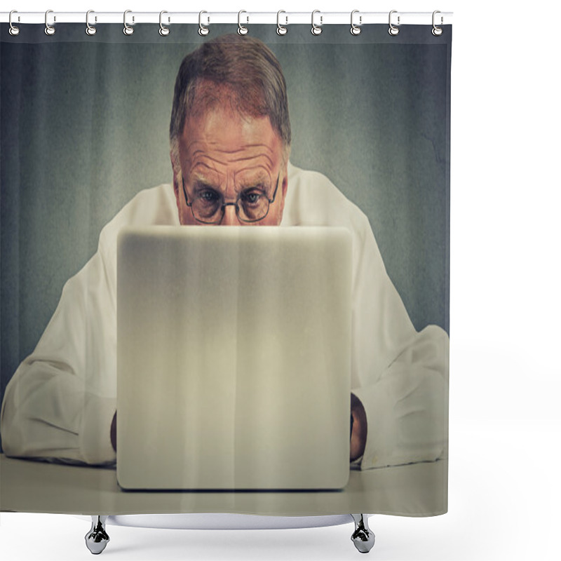 Personality  Elderly Man Sitting At Table Working On Laptop Computer Shower Curtains