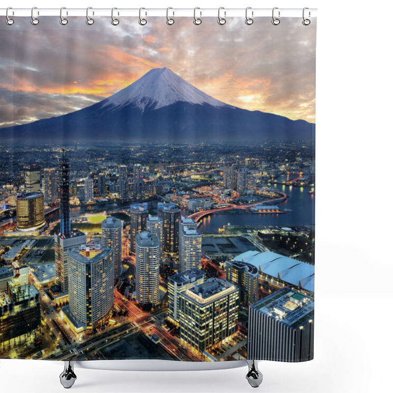 Personality  Surreal View Of Yokohama City And Mt. Fuji Shower Curtains